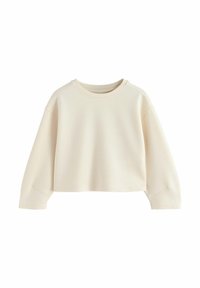 Cropped sweatshirt in a soft, off-white color. Features long sleeves, a round neck, and a smooth texture with no patterns or embellishments.