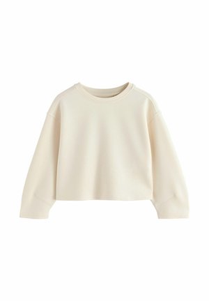 Cropped sweatshirt in a soft, off-white color. Features long sleeves, a round neck, and a smooth texture with no patterns or embellishments.