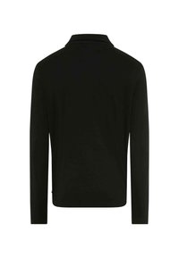 Schwarzes Polohemd mit langen Ärmeln, klassischem Kragen, glatter Textur und sauberem Rückendesign. Keine sichtbaren Logos oder Muster.