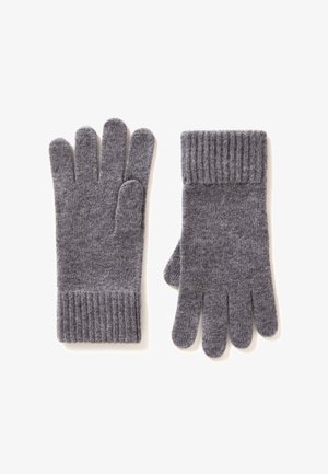 Gants en laine grise avec poignets côtelés et cinq doigts. Texture douce avec un design simple et uni. Bords à revers pour une chaleur supplémentaire.