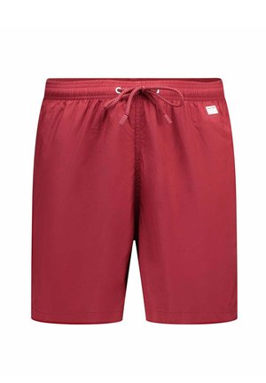 Costume da bagno corto da uomo rosso con vita elastica, coulisse e piccola etichetta bianca del marchio sul lato destro.