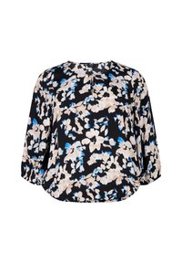 Sort bluse med blomstermønster i beige og blå, rund halsudskæring og trekvartærmer. Letvægtigt stof med en afslappet pasform.