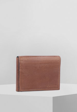 Brown leather wallet with a smooth texture, fold-over design, top stitching, and embossed brand logo on the front. Compact rectangular shape.