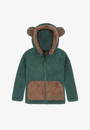Fleece-Hoodie in Blaugrün mit braunen Akzenten. Verfügt über einen Reißverschluss vorn, zwei Fronttaschen und Bärenohren an der Kapuze. Weiche, strukturierte Oberfläche.