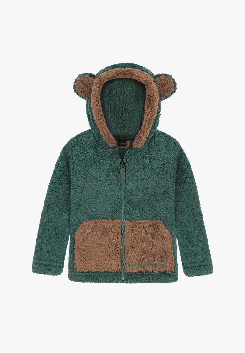 Fleece-Hoodie in Blaugrün mit braunen Akzenten. Verfügt über einen Reißverschluss vorn, zwei Fronttaschen und Bärenohren an der Kapuze. Weiche, strukturierte Oberfläche.