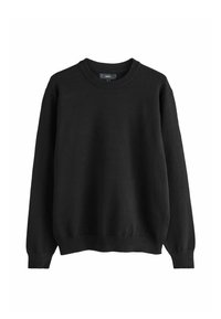 Jersey de cuello redondo negro, hecho de tejido de punto, con mangas largas y puños y dobladillo acanalados. Diseño simple, sin patrones ni embellishments.