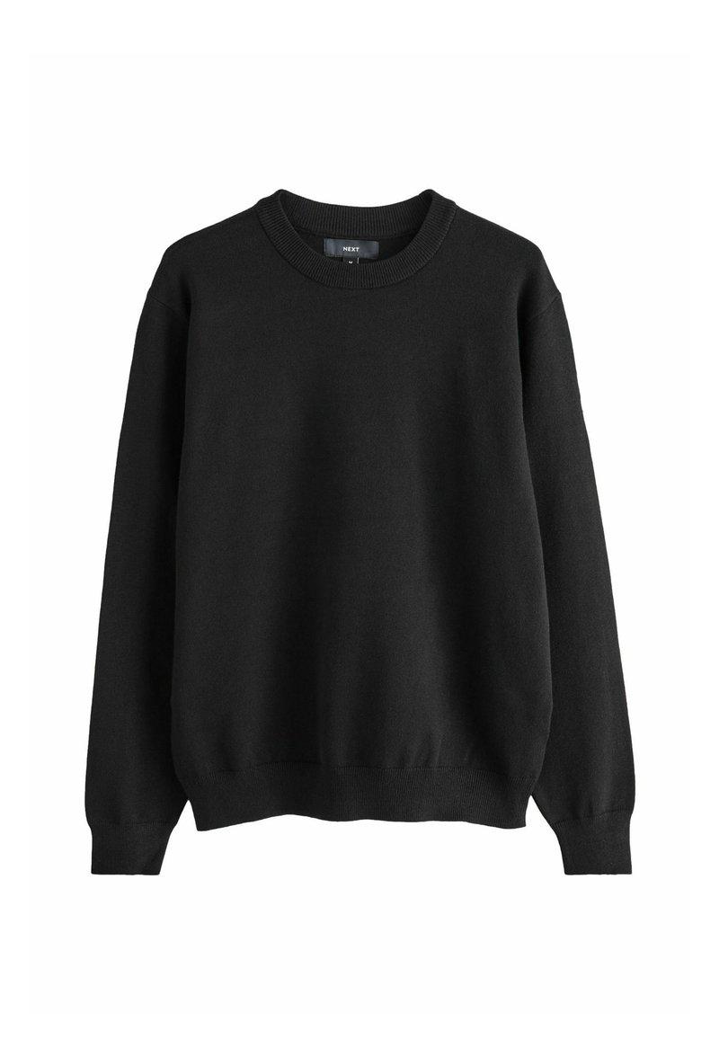 Jersey de cuello redondo negro, hecho de tejido de punto, con mangas largas y puños y dobladillo acanalados. Diseño simple, sin patrones ni embellishments.