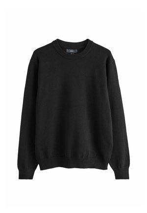 Čierny sveter s okrúhlym výstrihom vyrobený z pletenej látky, s dlhými rukávmi a rebrovanými manžetami a lemom. Jednoduchý dizajn, bez vzorov alebo ozdôb.