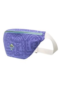 Fialová ledvinka s geometrickým vzorem, se zipem v tyrkysové barvě, nastavitelným bílým popruhem a zeleným logem Quiksilver.