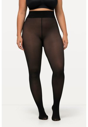 Schwarze, halbtransparente Strumpfhosen mit hohem Bund, aus glattem, dehnbarem Material, mit einem geschlossenen Fußdesign und minimalistischen Akzenten.