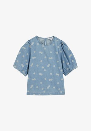 Jasnoniebieska bluzka z bufkami na krótkich rękawach, okrągłym dekoltem, zapięciem na guziki z tyłu oraz małym białym wzorem stokrotek.