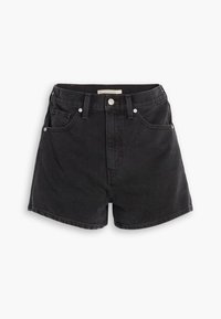 Black denim shorts featuring a high waist, five pockets, and metal button closure. The fabric has a smooth texture with subtle stitching details.