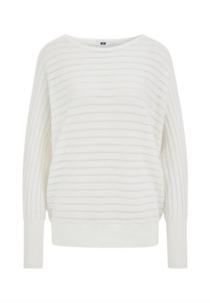 Valge kootud kampsun, millel on horisontaalsed triibud, soonikkoes varrukasääred ja lõdva istuvusega lõige. Materjal tundub pehme ja kergelt tekstureeritud.