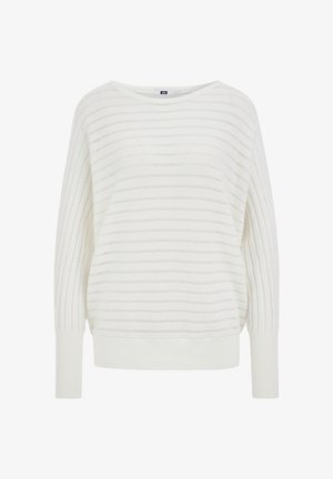 Valge kootud kampsun, millel on horisontaalsed triibud, soonikkoes varrukasääred ja lõdva istuvusega lõige. Materjal tundub pehme ja kergelt tekstureeritud.