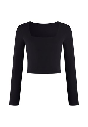 Zwarte cropped top met lange mouwen, vierkante halslijn, aansluitende silhouet en gladde stoftextuur op een witte achtergrond.