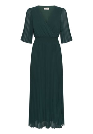 Vestido midi plisado de color verde oscuro con escote en V, cuello tipo chal, cinturilla elástica y mangas transparentes hasta el codo.