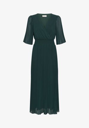 Vestido midi plisado de color verde oscuro con escote en V, cuello tipo chal, cinturilla elástica y mangas transparentes hasta el codo.