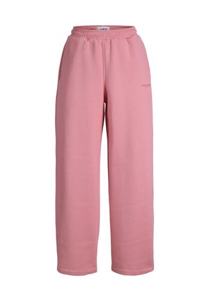 Pink sweatpants made of soft material, featuring an elastic waistband, side pockets, and a straight-leg design. Subtle branding visible.