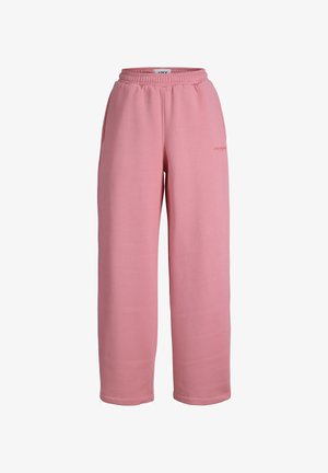 Pink sweatpants made of soft material, featuring an elastic waistband, side pockets, and a straight-leg design. Subtle branding visible.