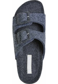 Grå sandaler i blødt materiale med to justerbare spænder, blød tekstur og en formet fodseng. Har et mærke med teksten "ROMIKA."