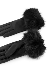 Schwarze Lederhandschuhe mit weichen schwarzen Pelzmanschetten, versehen mit einer glatten Oberfläche und gesteppten Details. Als Paar erhältlich, entworfen für Wärme.