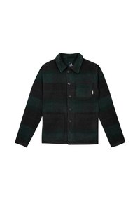Chaqueta de botón en mezcla de lana de color verde oscuro y negra con rayas; cuenta con un cuello, bolsillos frontales y un bolsillo de parche.