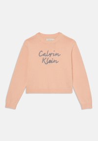 Rožinė megzta palaidinė su nugariniais kraštais. Apykaklė su pasiruošimu "Calvin Klein" pilkai siuvinėta, trumpas dizainas ir prigludę rankovės.