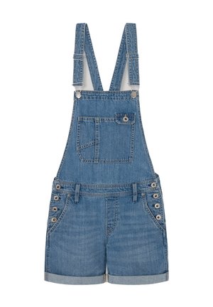 Salopette courte en denim bleu avec bretelles réglables, poche poitrine avant avec rabat à bouton, fermetures latérales à boutons et ourlets roulés.