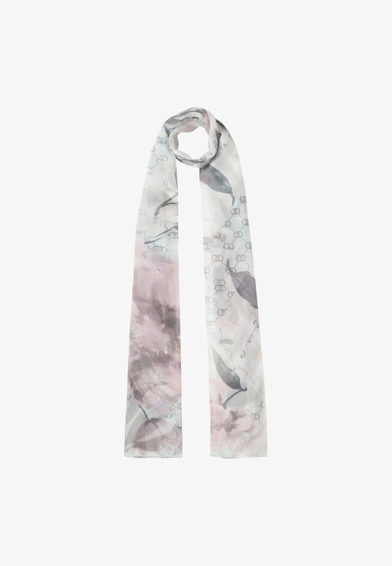 Écharpe légère en tissu transparent ; présente un motif floral pastel avec des teintes de gris et de rose, agrémenté de motifs abstraits et de textures subtiles.