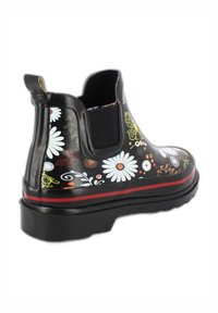 Schwarze Gumm Chelsea-Stiefel mit Blumenmuster, elastischen Seitenpaneelen und einem roten Streifen-Design. Strukturierte Sohle für Grip und Stabilität.