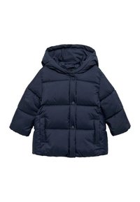 Mörkblå vadderad vinterjacka med huva, knäppning framtill med tryckknappar, långa ärmar och två framfickor.