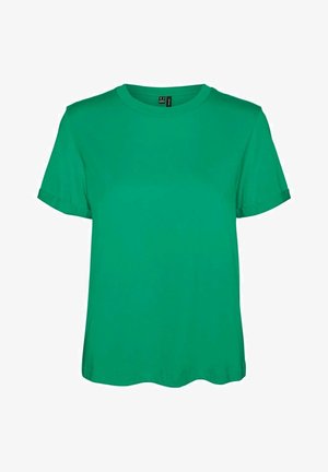 Grøn bomulds t-shirt med korte ærmer, rund halsudskæring og afslappet pasform. Glat tekstur og lige kant nederst.