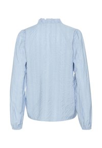 Light blue blouse with a textured finish, ruffled collar, and long sleeves gathered at the cuffs; features vertical striped pattern.