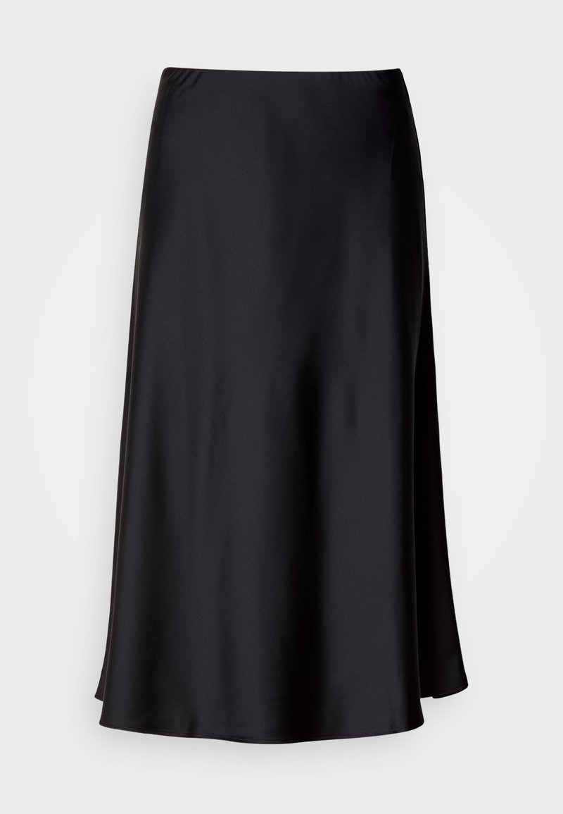 Sort satin midi-nederdel med glat tekstur, elastisk taljebånd og en diskret A-formet silhuet med en sideslids.