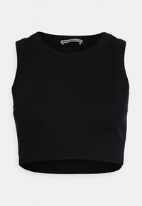 Black cropped tank top made of ribbed fabric with a round neckline and sleeveless design, featuring a solid texture and clean finish.