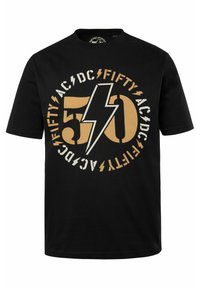 Zwarte katoenen t-shirt met een grote grafische print van "50" en "AC/DC" in goud en wit, omringd door bliksemschichtaccenten.