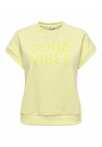 Sweatshirt jaune pastel à manches courtes avec des poignets retroussés et l'inscription "GOOD VIBES" imprimée en grandes lettres jaunes plus claires sur la poitrine.