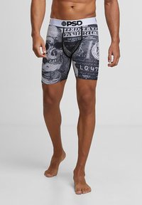 Boxeri negri cu un design cu skull, modele gri intricate și un brâu alb cu textul "PSD". Țesătura este moale și ajustată.