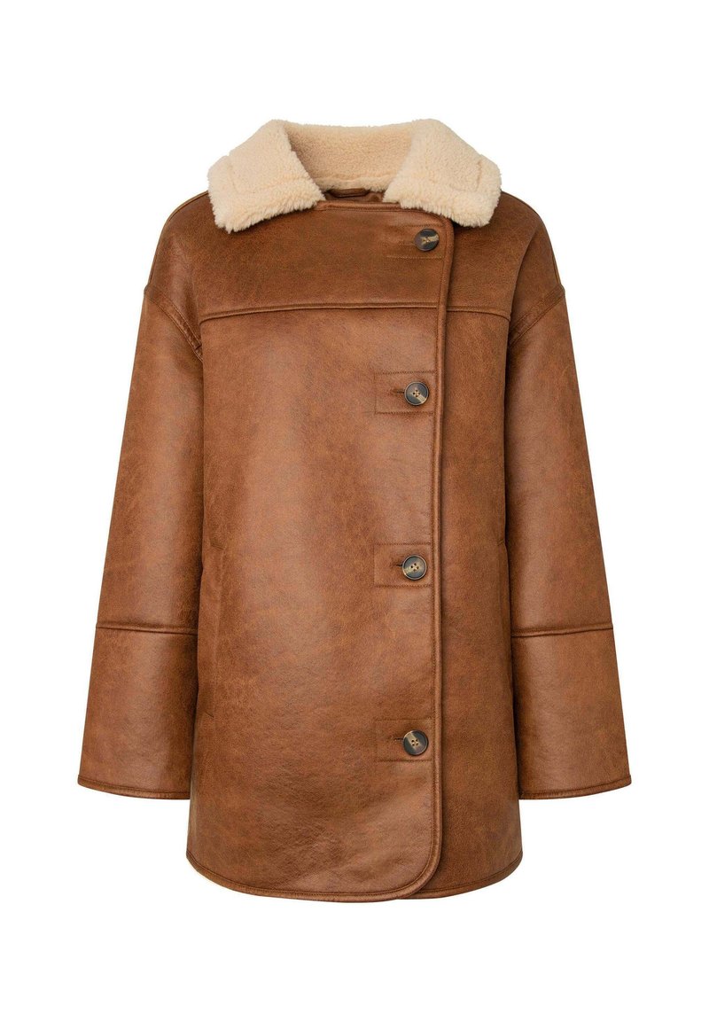 Veste en cuir marron avec un col en crème doux, comportant une seule rangée de boutons, une coupe droite et des détails de couture visibles.