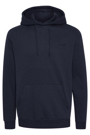 Sweat-shirt à capuche bleu marine fabriqué en tissu doux, avec une poche kangourou, des poignets côtelés et un logo ton sur ton sur la poitrine.