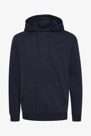 Navy hooded sweatshirt made of soft fabric, featuring a kangaroo pocket, ribbed cuffs, and a tonal logo on the chest.
