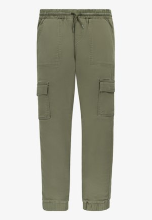 Pantaloni cargo verde oliva realizzati in tessuto leggero, con una cintura elasticizzata dotata di coulisse, numerose tasche e polsini affusolati.