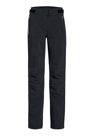 Pantaloni softshell neri con un design aderente, dotati di due tasche frontali con zip, ginocchia rinforzate e vita regolabile con chiusure a pulsante.