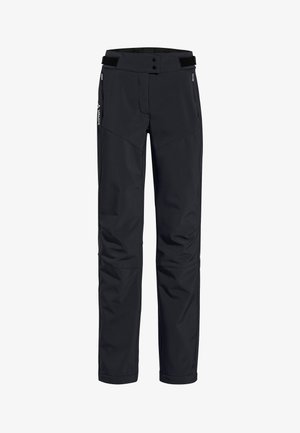Pantalones softshell negros con un diseño ajustado, que cuentan con dos bolsillos frontales con cremallera, rodillas reforzadas y una cinturilla ajustable con cierres de botón.
