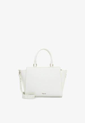 Borsa strutturata bianca con superficie texturizzata, doppi manici superiori e tracolla rimovibile. Presenta un logo metallico sottile sulla parte anteriore.