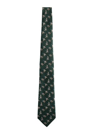Cravate vert foncé avec un motif de canards colverts en vol, avec des détails marron, blanc et bleu.