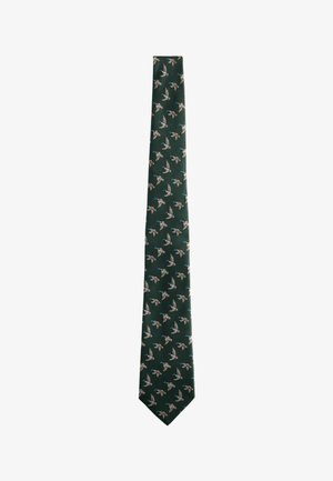 Dark green necktie with a pattern of flying mallard ducks in brown, white, and blue details.