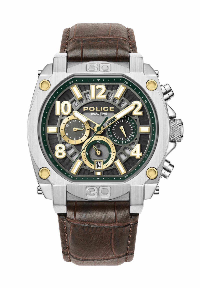 Police dual-time watch featuring a silver stainless steel case, green dial with gold accents, brown leather band, and chronograph functions.