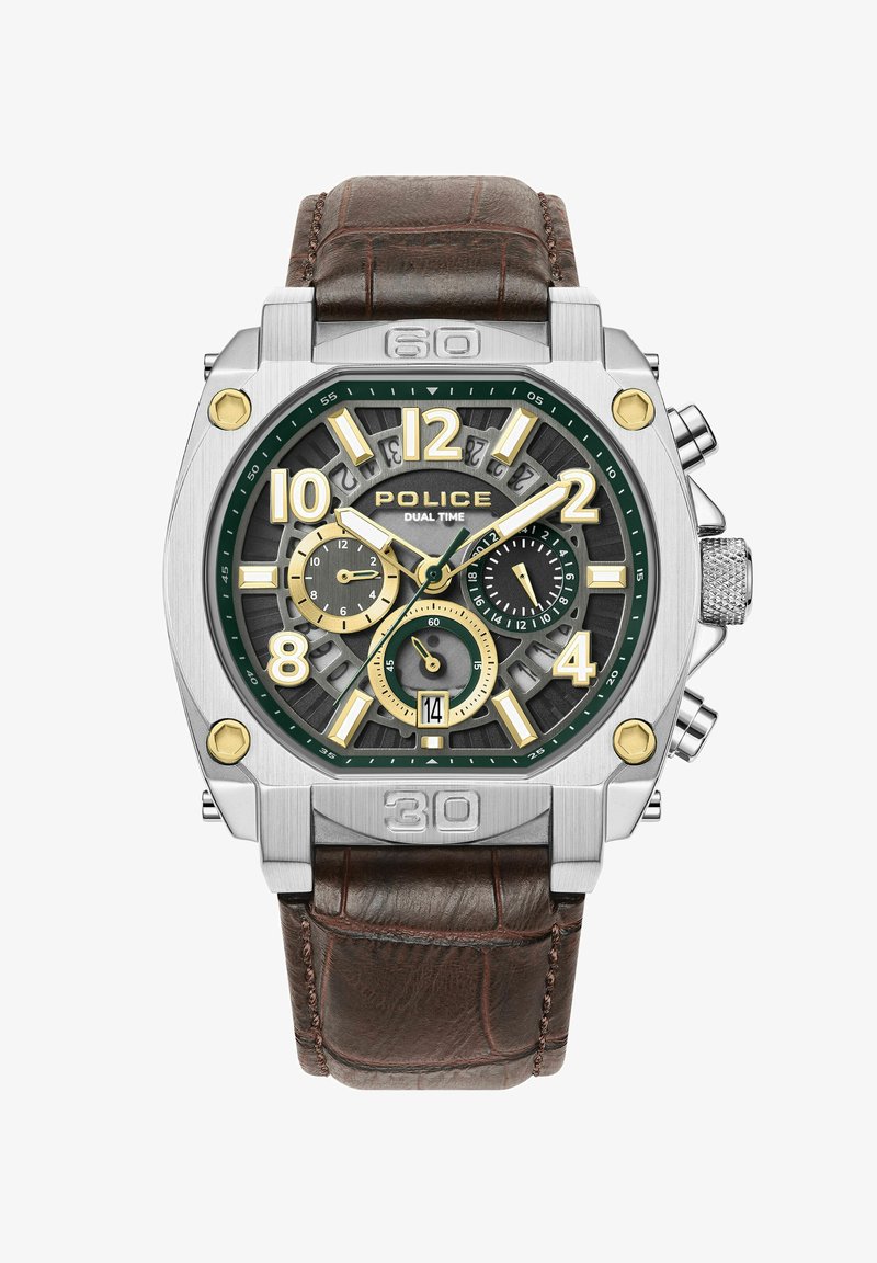 Montre à double fuseau horaire de la marque Police, avec un boîtier en acier inoxydable argenté, un cadran vert avec des accents dorés, un bracelet en cuir brun et des fonctions de chronographe.