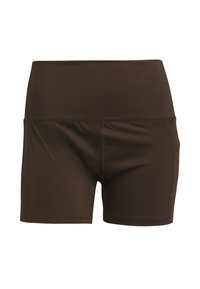Brown, stretchy athletic shorts with a high waistband and side pocket. Smooth texture and form-fitting design suitable for sports or exercise.